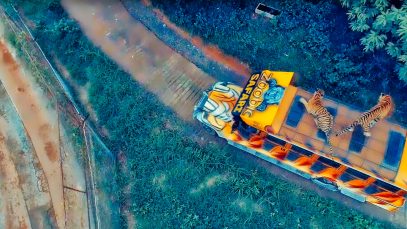Tiger on Top of Tourist Jeepney at Zoobic Safari Philippines Aerial View Project LUPAD
