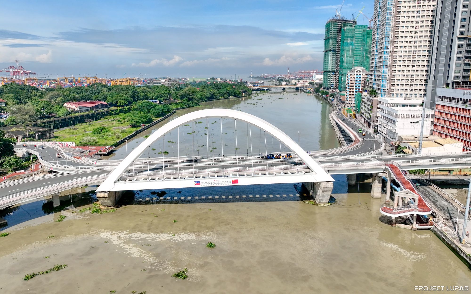 Aerial view of a new bridge over the Pasig River in Manila