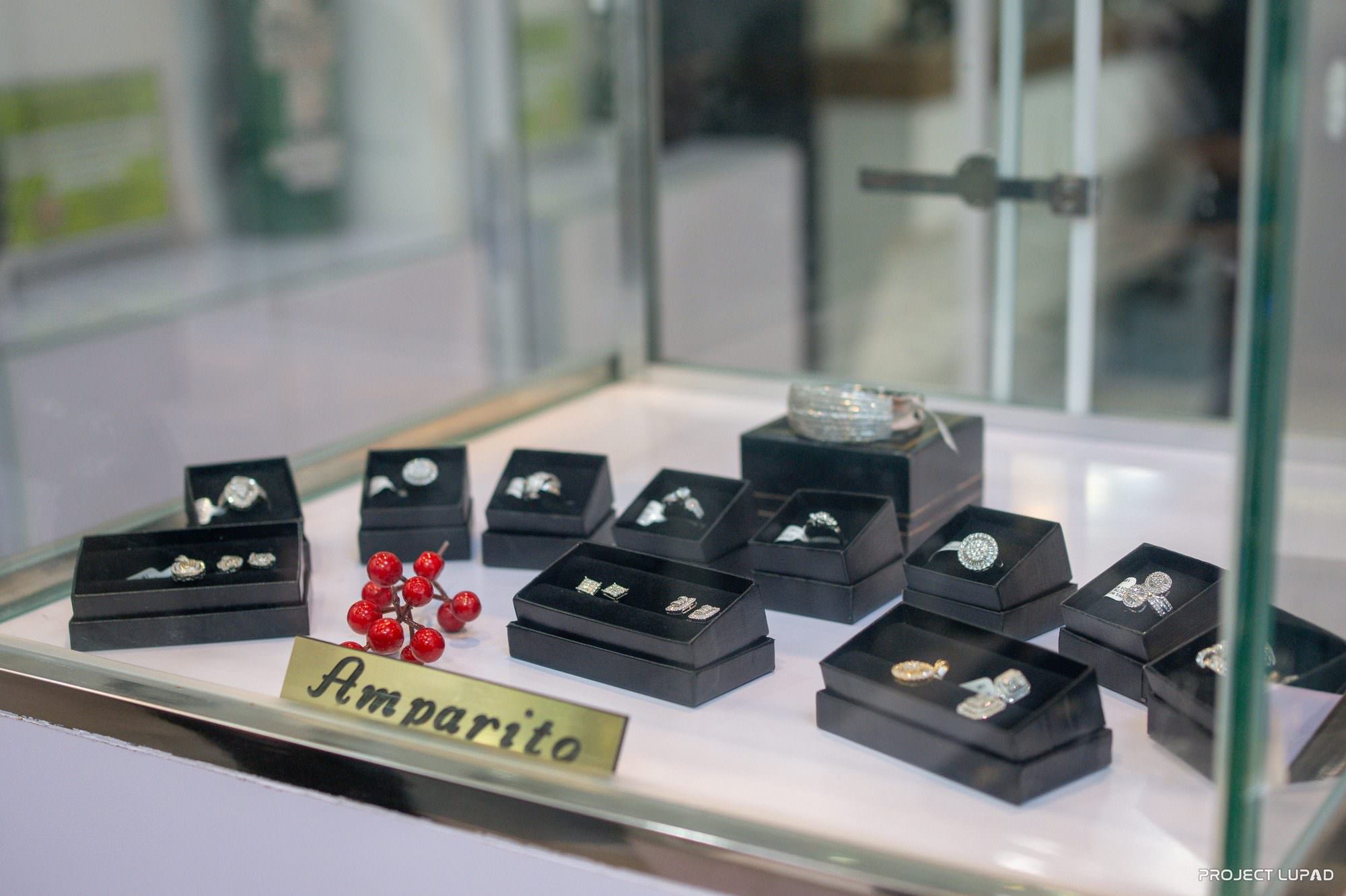 Rings on display at M Lhuillier Jewellers