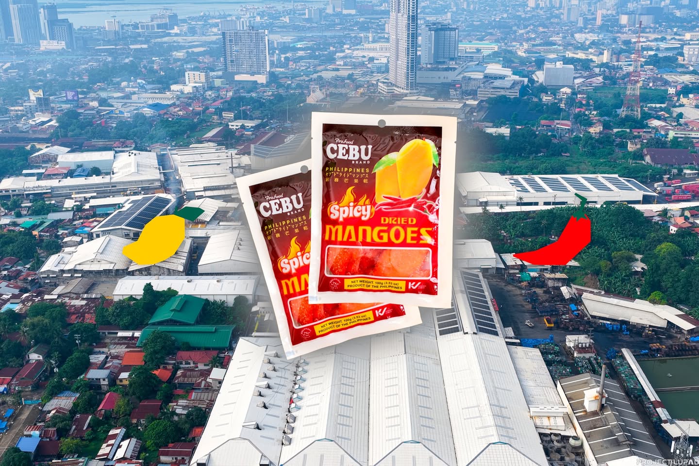 Packs of the new Cebu Brand Spicy Dried Mango over Cebu, shot for this Cebu Brand case study by Project LUPAD