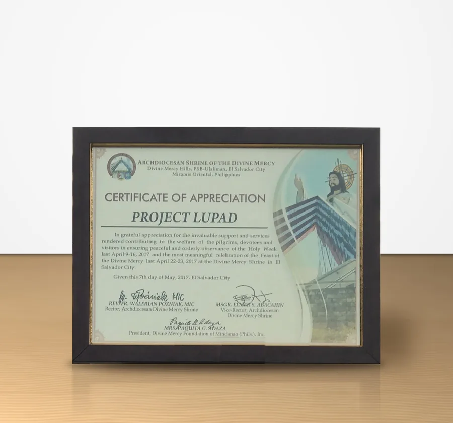 Certificate of Appreciation from the Archdiocesan Shrine of the Divine Mercy awarded to Project LUPAD