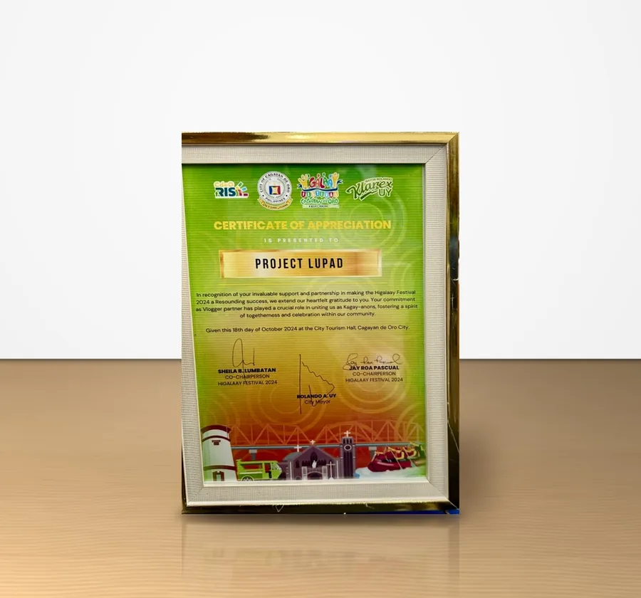 Certificate of Appreciation awarded to Project LUPAD