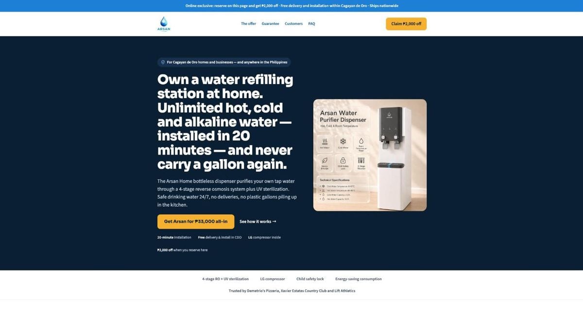 Arsan Home water purifier landing page by LUPAD Web Solutions